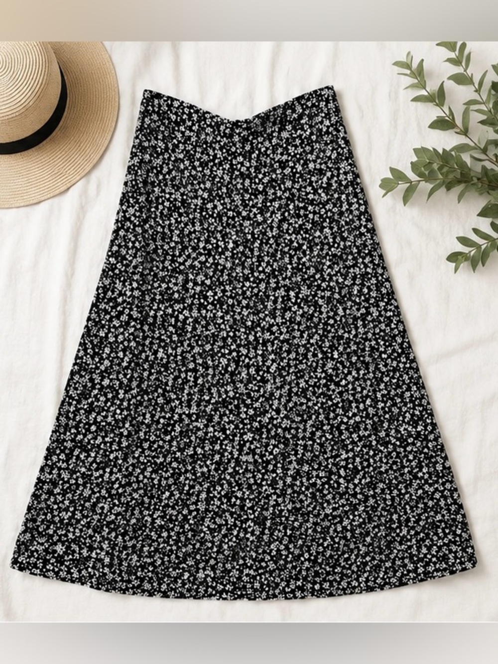 Black & White Floral Silky Midi Skirt | Flowy Lightweight‎ Boho Chic